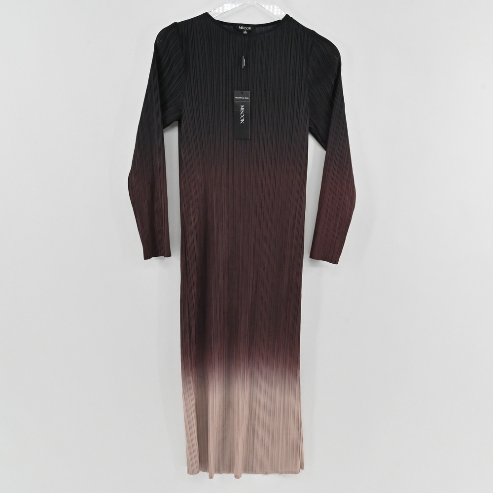 Misook Ombre Pleated Knit Midi Dress Womens Size S Black Brown Long Sleeve G26FA